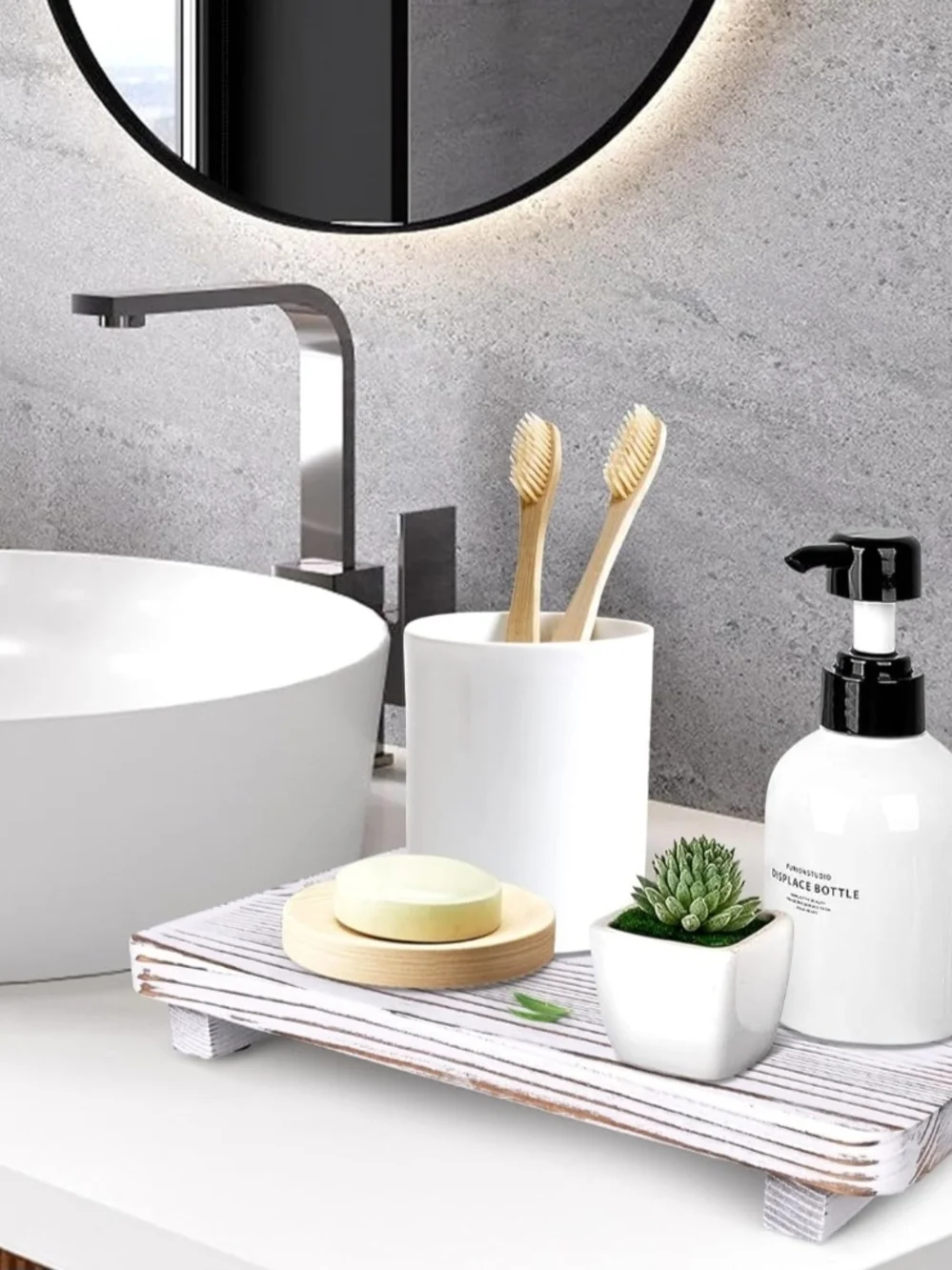 Bathroom Counter Tray Wood Pedestal Stand White Kitchen Countertop